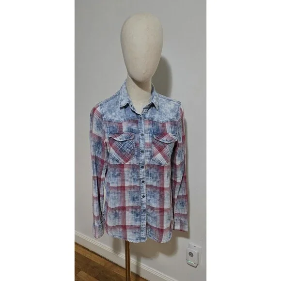 Pull & Bear Women's Small Plaid Western Button Up Flannel Lined Shirt Top Denim - Picture 8 of 16